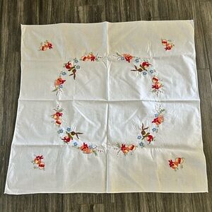 Vintage Embroidered Easter Tablecloth - White with Pastel Bunny & Egg Wreath